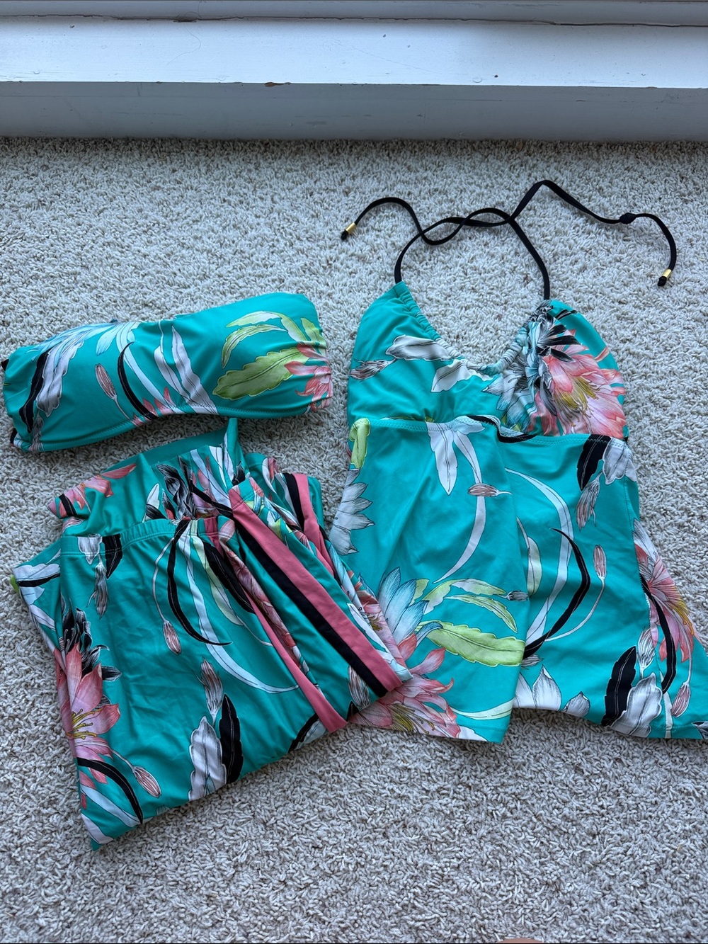 Trina Turk Teal Floral Tankini Set with Bandeau Top